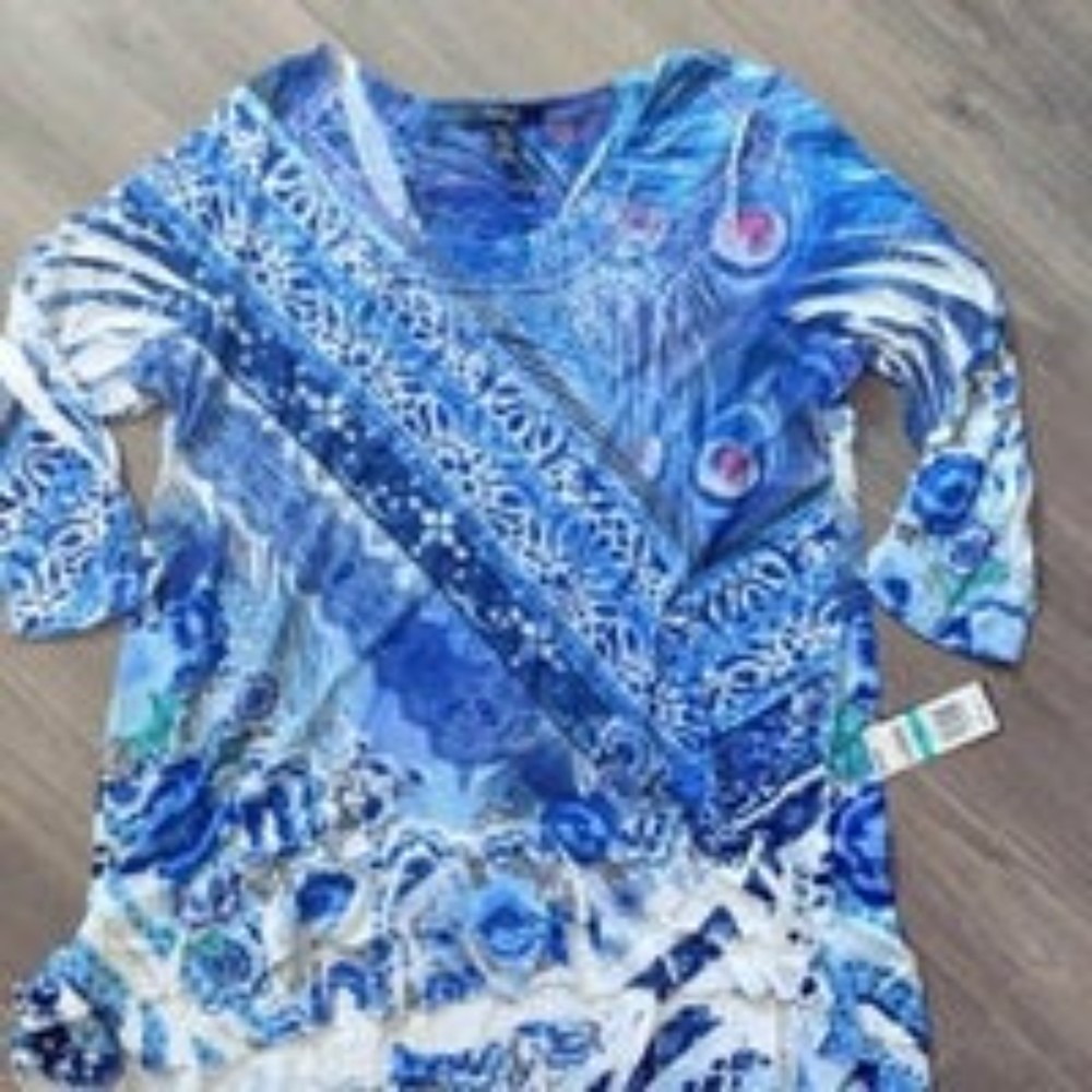 Style & Co Womens Beautiful Peacock Blue Embellished Top NWT 0X
